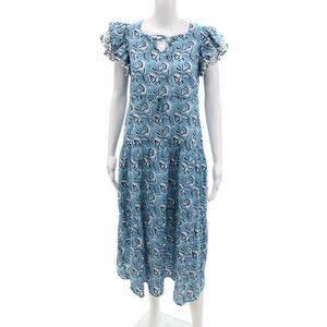 Bindu Womens Cotton Floral Print Cap Sleeve Drawstring Tiered Dress Blue Size S